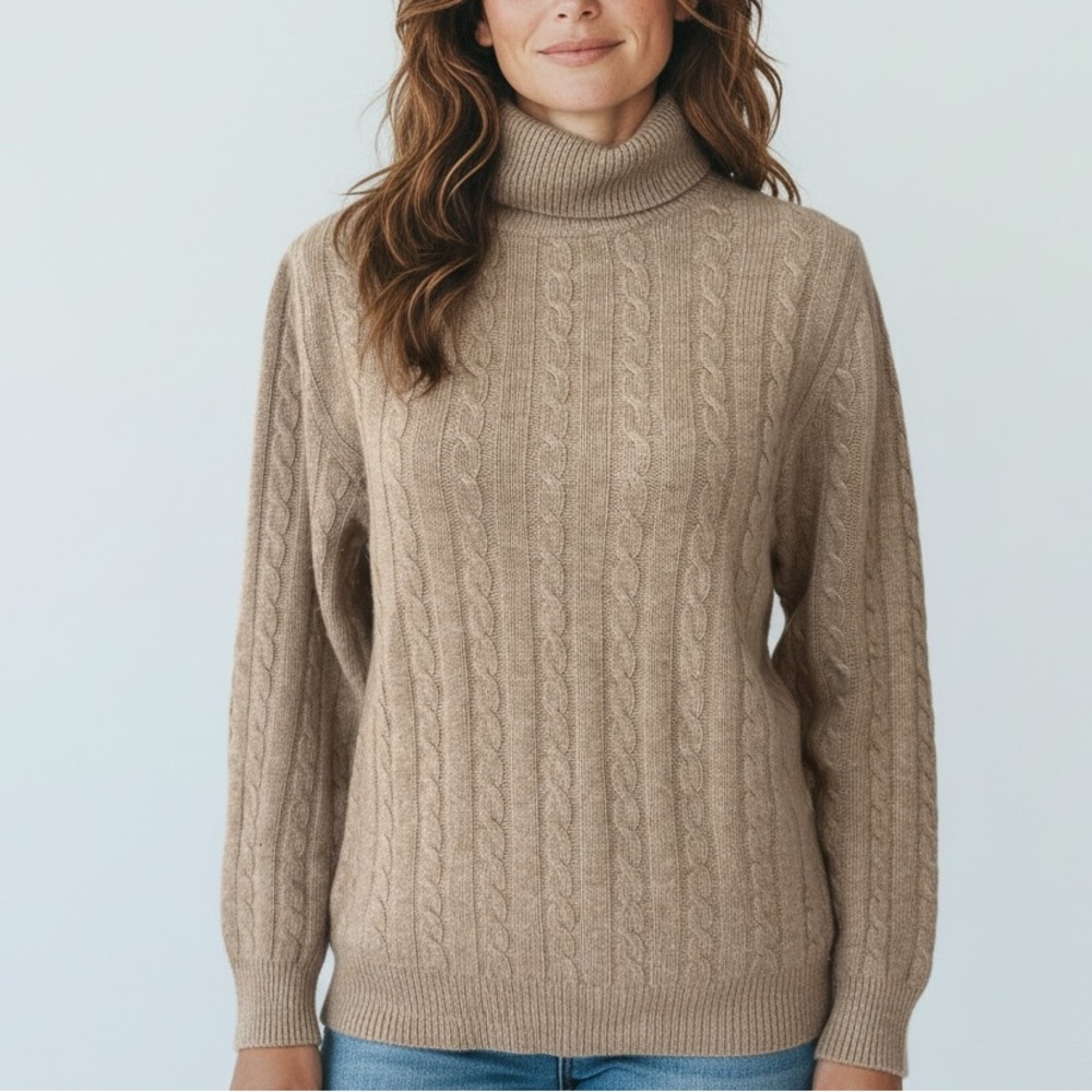 Neiman Marcus Cashmere Cable Knit Turtleneck Sweater Light Brown Size Small